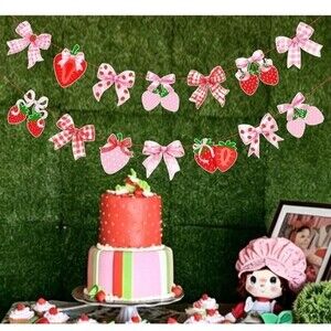Pink Bow Strawberry Garland Berry First Birthday Decorations 4 Banners W/String